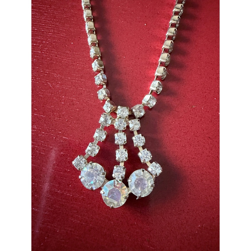 Vintage Rhinestone Pendant Necklace Silver Tone Triple Drop Prong Set 50s Prom